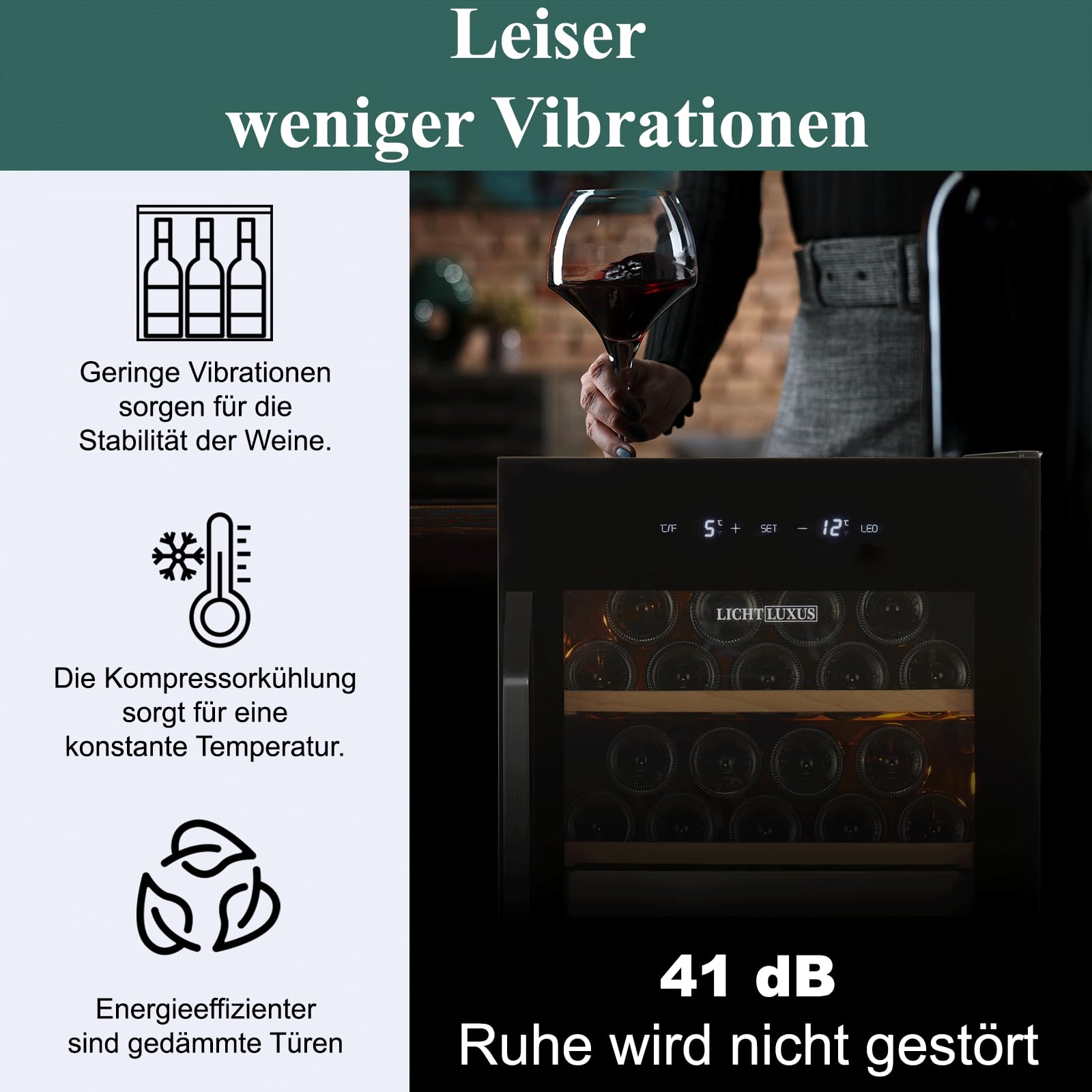 Weinkühlschrank 2 Zonen für 35 Flaschen – Freistehender Weintemperierschrank mit 3-fach UV-Glastür & Holzablagen (5-20°C) – Getränkekühlschrank für Wohnzimmer & Küche (50cm Breit)