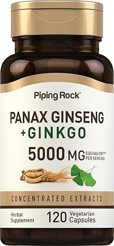 Piping Rock Panax - Cápsulas de ginseng | 5000 mg | 120 unidades | con ginkgo biloba | Suplemento vegetariano, sin OMG y sin gluten
