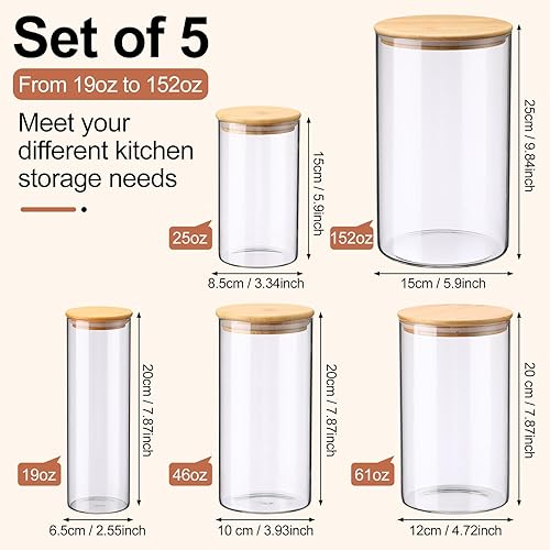 Miniatura 2 de LemonRoad Paquete de 5 tarros de almacenamiento de vidrio herméticos con tapas de bambú de 152 onzas, 61 onzas, 46 onzas, 25 onzas, 19 onzas,