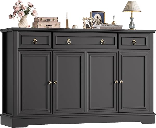 FINETONES Buffet Cabinet With Storage, 52.7 Large Sideboard, White Kitchen Storage With 3 Drawers and 4 Doors, Wood Coff