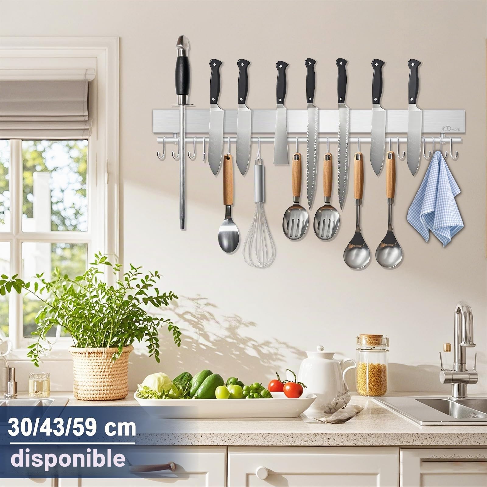Dmore Barra magnética para cuchillos con 15 ganchos, 59 cm, soporte magnético de acero inoxidable, soporte magnético para cuchillos con imán extrafuerte, incluye cinta adhesiva y tornillos