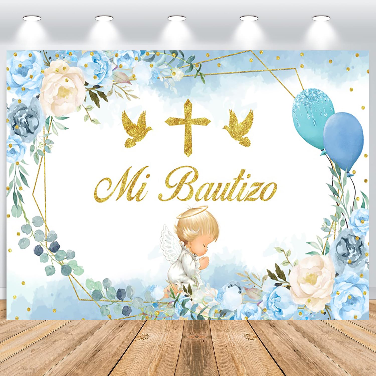 Mi Bautizo Telón de Fondo 2,2x1,5m, Globo de Flores Azules Dorado Primera Comunión Vinilo Fondo de Fotografía para Niño Comunión Bautismo Baby Shower Fiesta Fotomatón Accesorios
