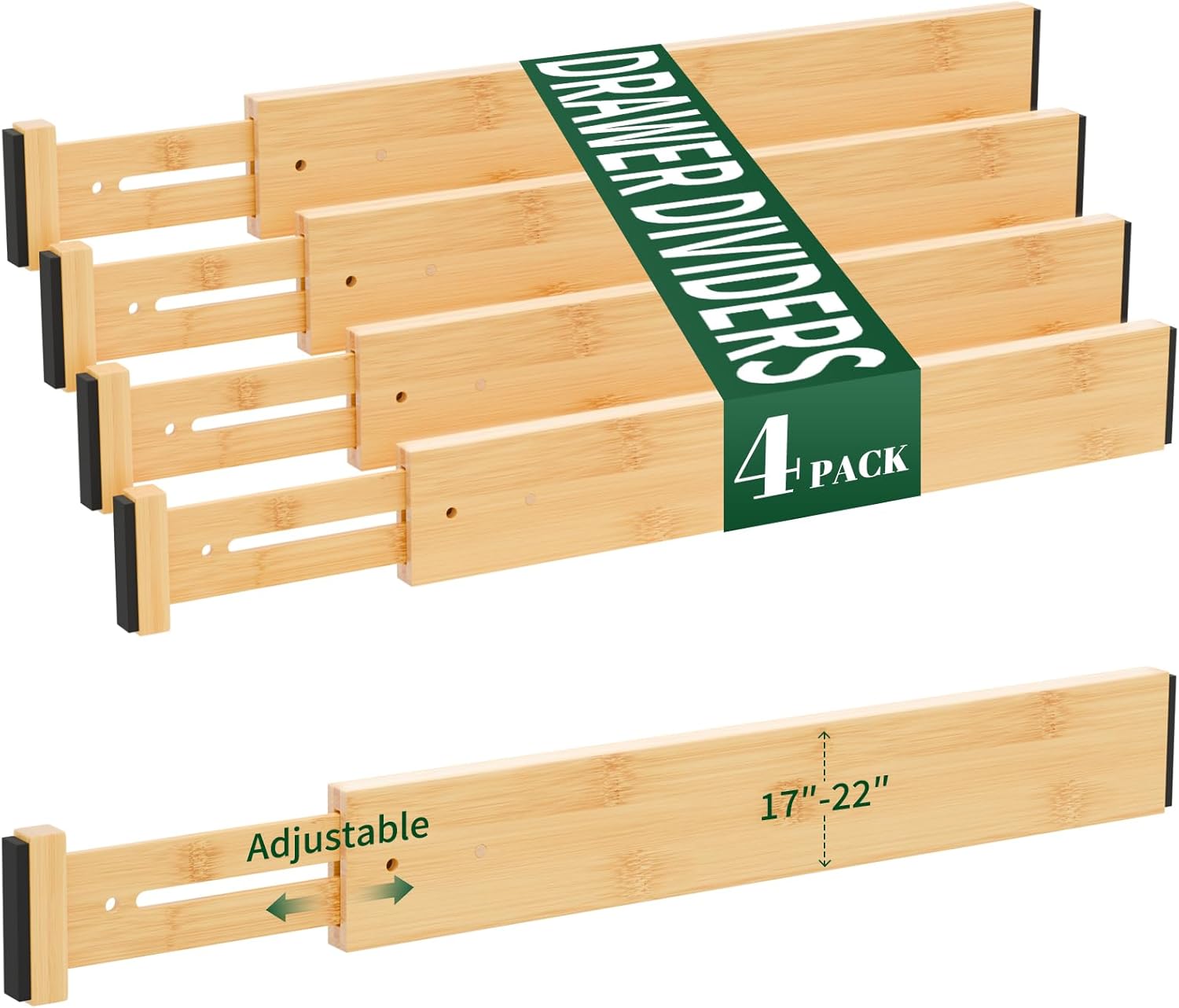 6 Pack Bamboo Drawer Dividers 2.6" High,17-22" Adjustable Spring Loaded Drawer Organizers for Kitchen, Dresser, Bathroom, Bedroom and Office