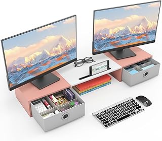 YAOHUOO Dual Monitor Stand with 2 Drawers, Computer Monitor Riser for 2 Monitors, Large Desktop Organzier with Storage for PC/Laptop/Computer/TV Screen/Printer,White & Pink