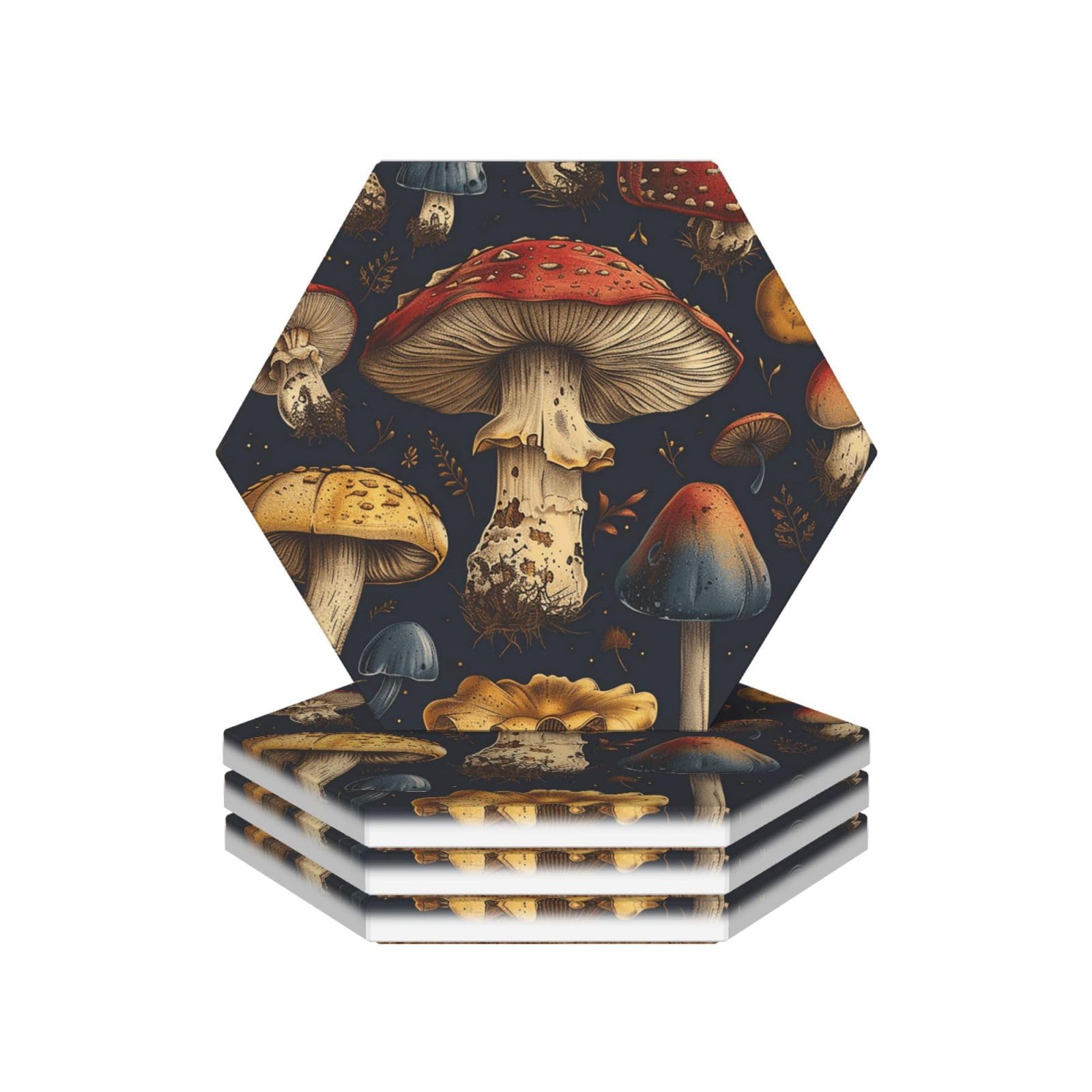 Drink Coasters Set of 4 Ceramic Coaster Mushroom Coasters for Drinks Cups Mugs Mat Pads Absorbent Non-Slip Decorative Cup Coaster for Coffee Table Kitchen Bar Home Decor