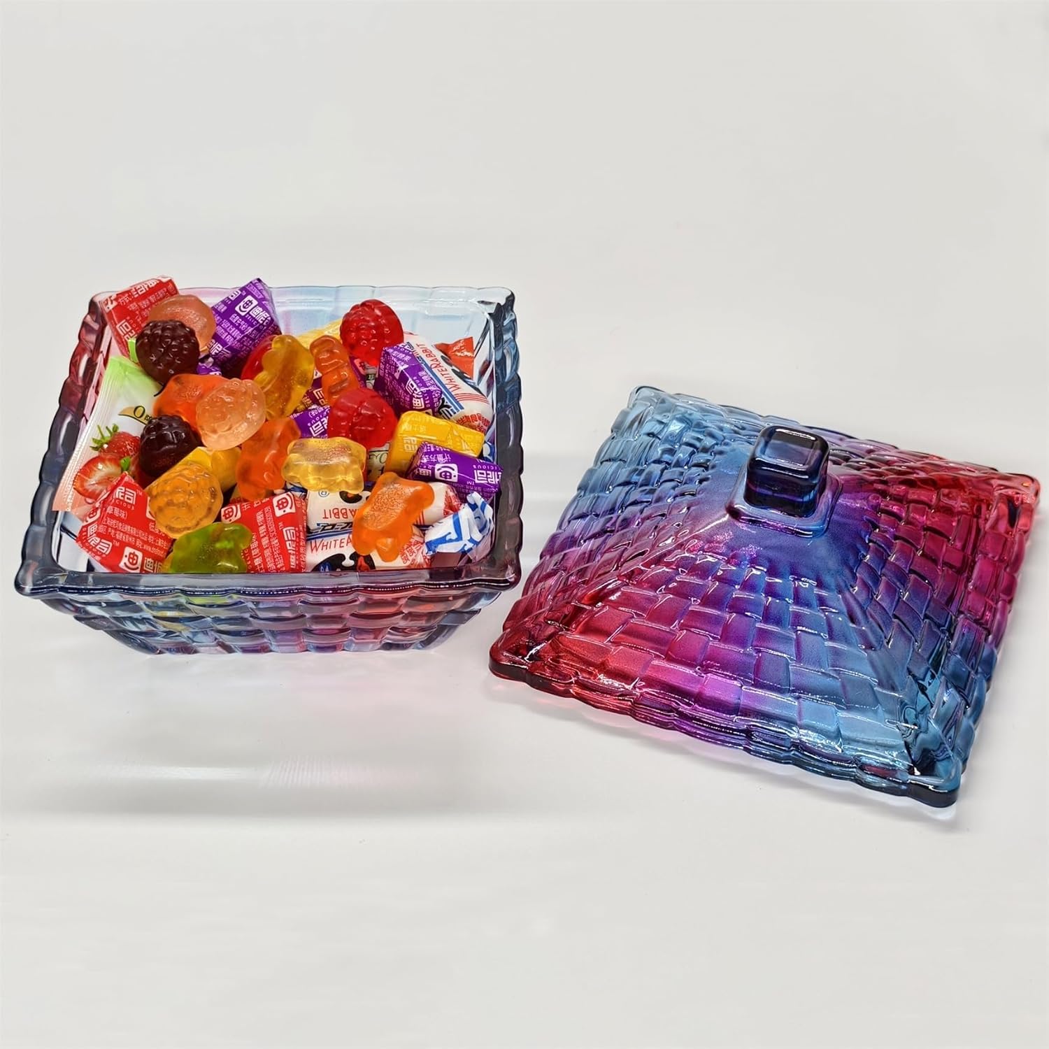 Small Purple Red Multicolor Glass Candy Dish with Non-airtight Lid,Vintage Candy Jar with Lid,Cute Covered Decorative Candy Dishes Bowl with Lids for Office Desk Table - Image 7