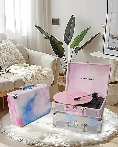 Miniatura 8 de Tocadiscos de vinilo de acuarela con control de agudos y graves, tocadiscos portátiles vintage de 3 velocidades con Bluetooth con altavoces