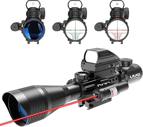 UUQ C4-12X50 Mira para Rifle, Retícula Dual Iluminada con Vista Láser y Vista Reflex Holográfica de Punto