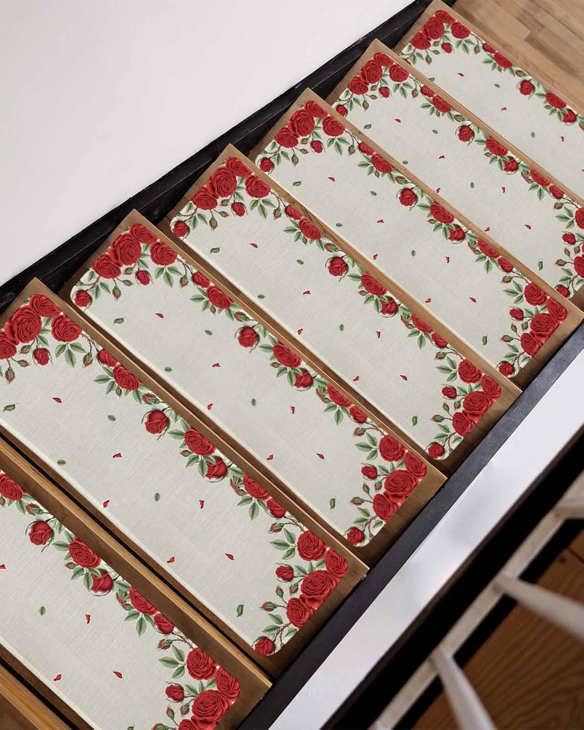 Stair Treads 8"x30"(15 pcs),Valentine's Day Rose Flower Leaf Indoor Stair Runners Carpet Stair Tread,Red Floral Linen Texture Non-Slip Staircase Step Treads for Kids,Elders,Pets
