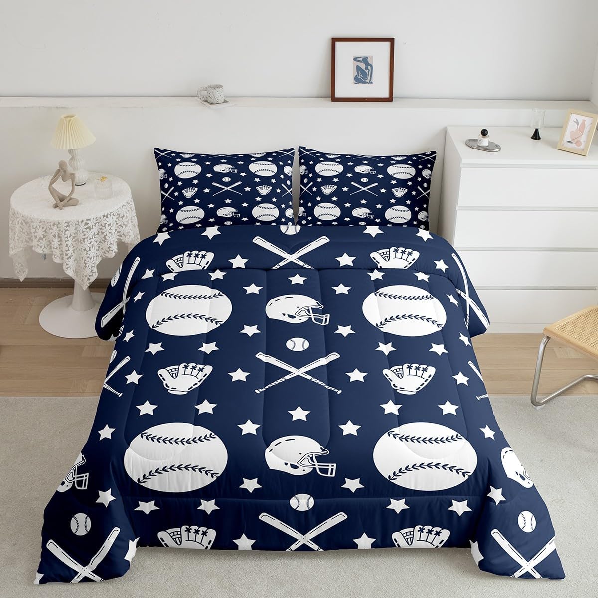 Erosebridal Baseball Comforter Set Kids Sports Games Quilt for Boys Queen Size Ball Gaming Bedding Set Cartoon Style Soft Room Decor Bedding Comforter Sets Bedroom,Blue White