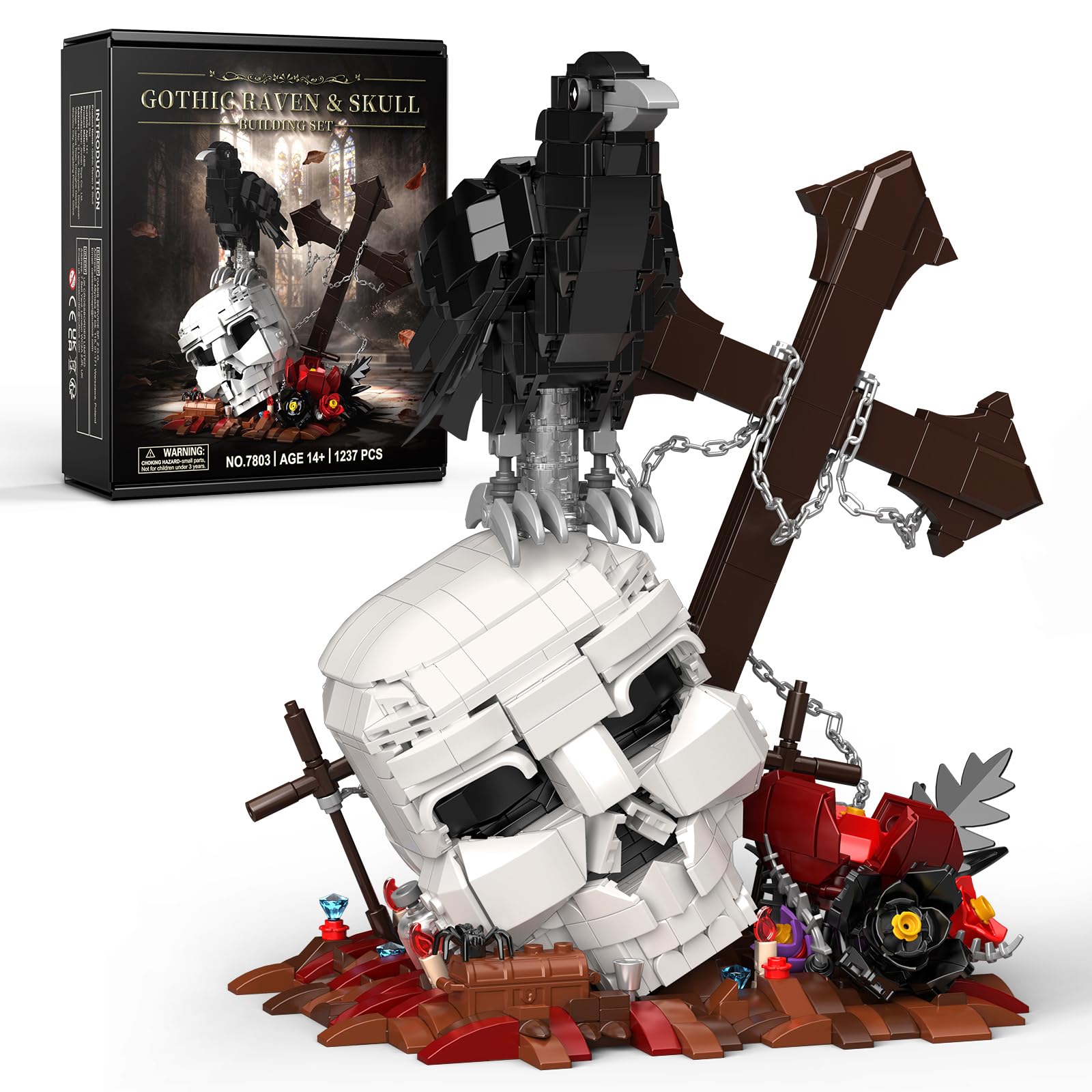 Vziimo Skull & Tiere Bausteine, Gothic Blume und Tier Klemmbausteine, Halloween Deko Modell mit Spider und Vogel, MOC Creator Geschenk für Erwachsene ab 15+, 1237 Teile