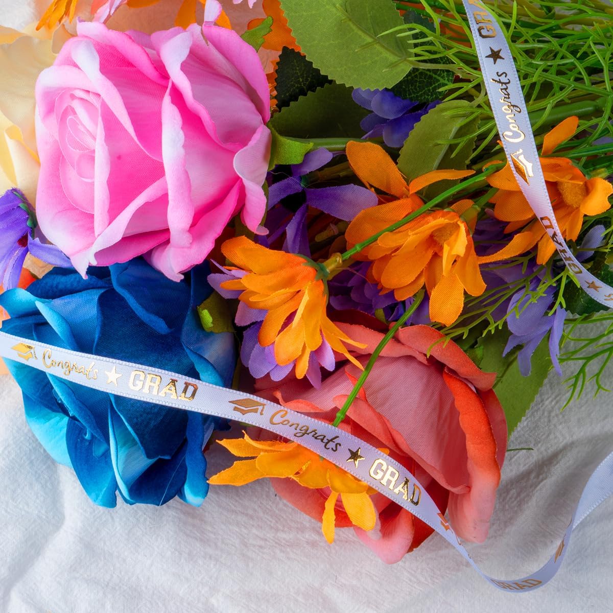 Voeveca Graduation Ribbon,Congrats Grad White&Gold Satin Ribbon Use for Gift Wrapping,Graduation Party Decoration,3/8 Inches x 100 Yards (White, 3/8 inch)