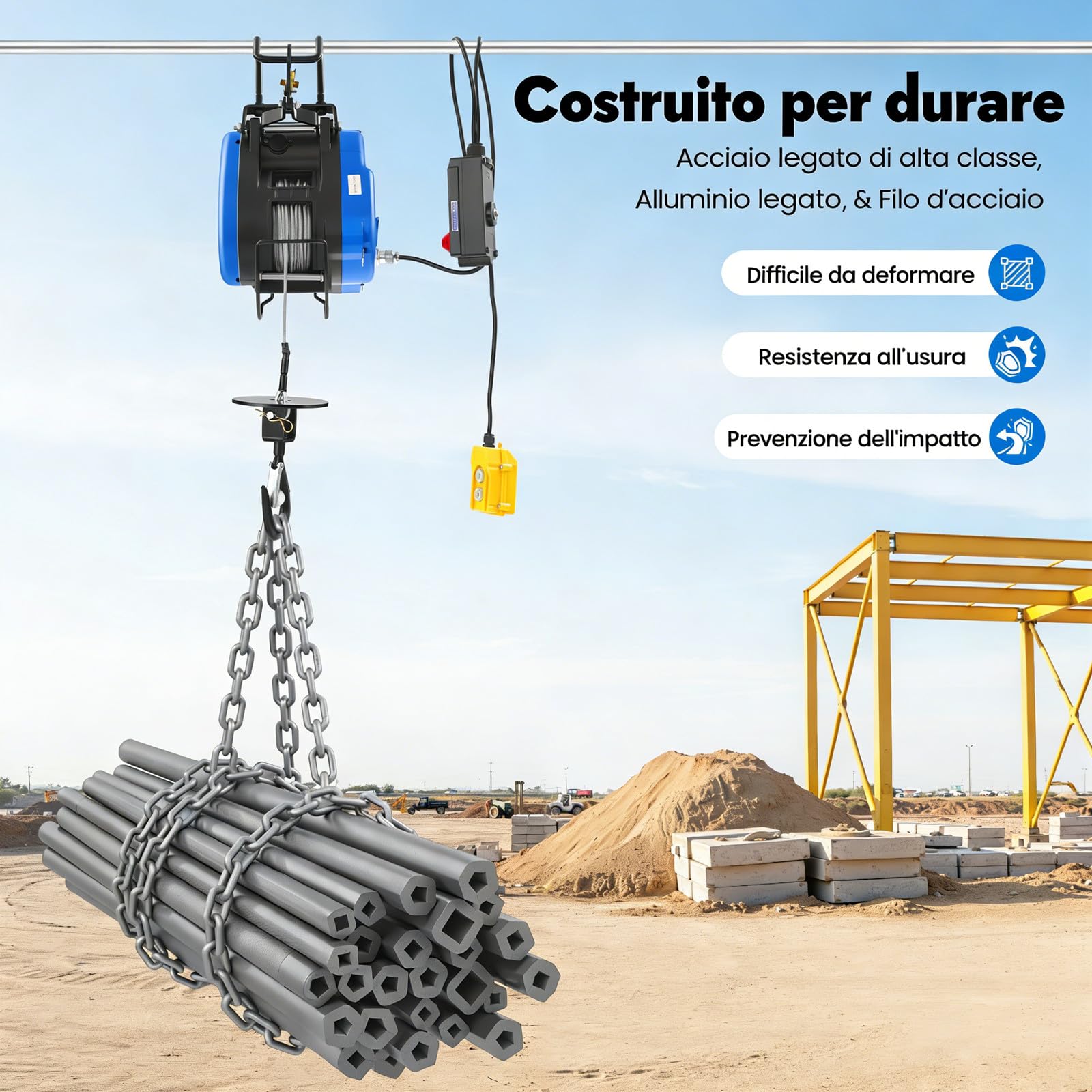 Verricello elettrico mobile, 230 V, 250 kg, portata 19 m/min, telecomando senza fili (100 m), con batteria, manico di controllo del cavo, 1500 W, 29 m, altezza di sollevamento 30 m, fune metallica