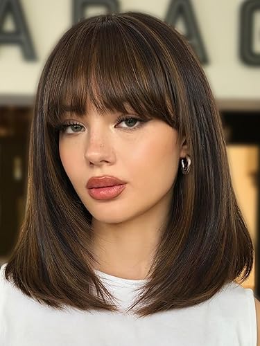 FANCEE Highlight Layered Wigs with Bangs 14 Inch Short Mixed