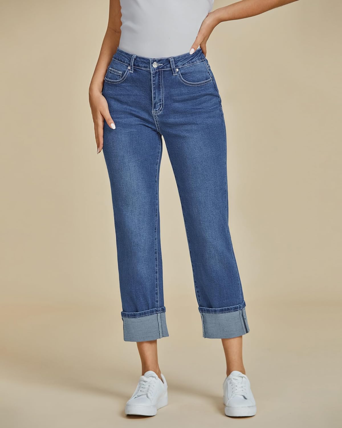 luvamia Straight Leg Jeans for Women Trendy Cropped High Waisted Cuffed Hem Stretchy Boyfriend Capri Jeans with Pockets - Image 3