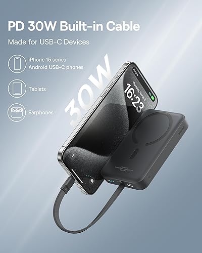 Miniatura 3 de Baseus Banco de energía magnético, cargador portátil PD de 30 W de carga rápida de 10 K con cable USB-C integrado y cargador USB C de 65 W, bloque