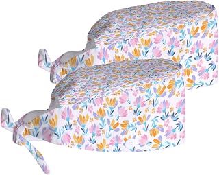Adjustable Working Cap Set 2 with Buttons and Sweatband Floral Daisy Lilly Flowers Bandage Cap Work Hats Set for Women Caps Tie Back Hats for Men,Long Hair