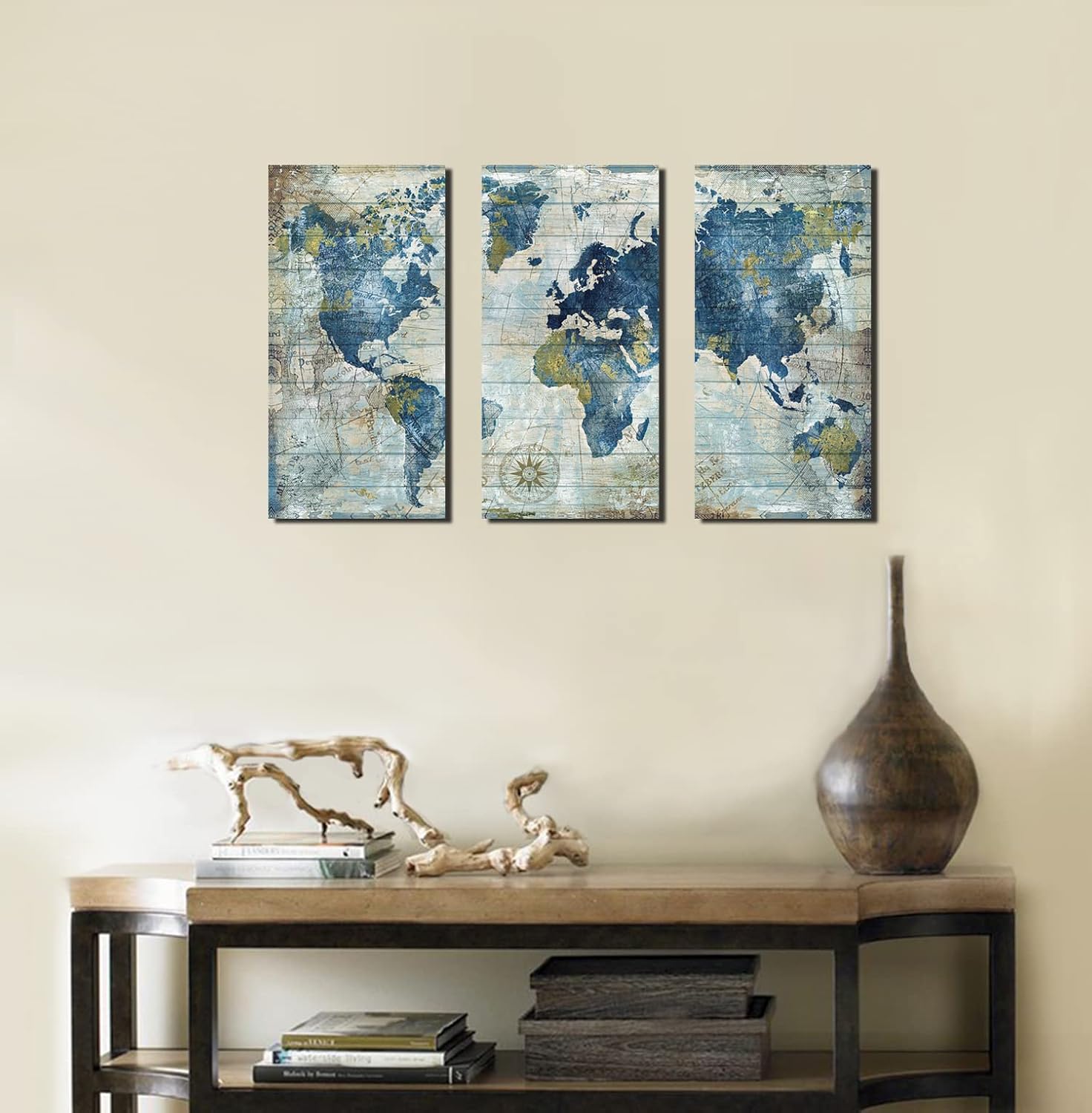 World Map Wall Art for Office Vintage Wood Grain Blue World Map Picture Artwork Decor for Home DecorationModern Nautical Canvas Prints Decor Living Room Bedroom12x36inchesx3