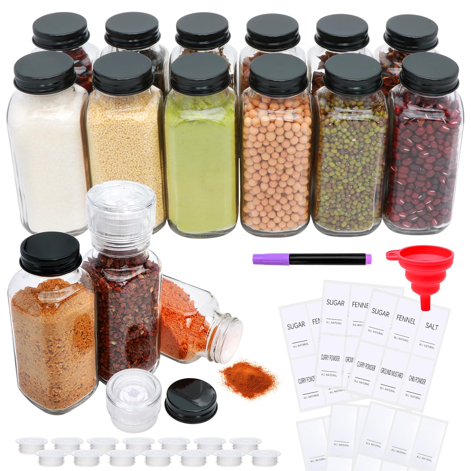 Photo 1 of 15 Pack 8oz Glass Spice Jars with Grinders, Square Spice Bottles with Deeper Shaker Lids & Airtight Metal Caps, Seasoning Containers with Labels for Spice Organization, Fits Cabinet, Spice Rack