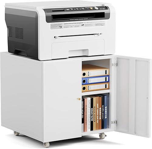 Miniatura 1 de Warmiehomy Soporte de metal para impresora con almacenamiento para espacios pequeños con puerta, estante ajustable, archivador con ruedas para