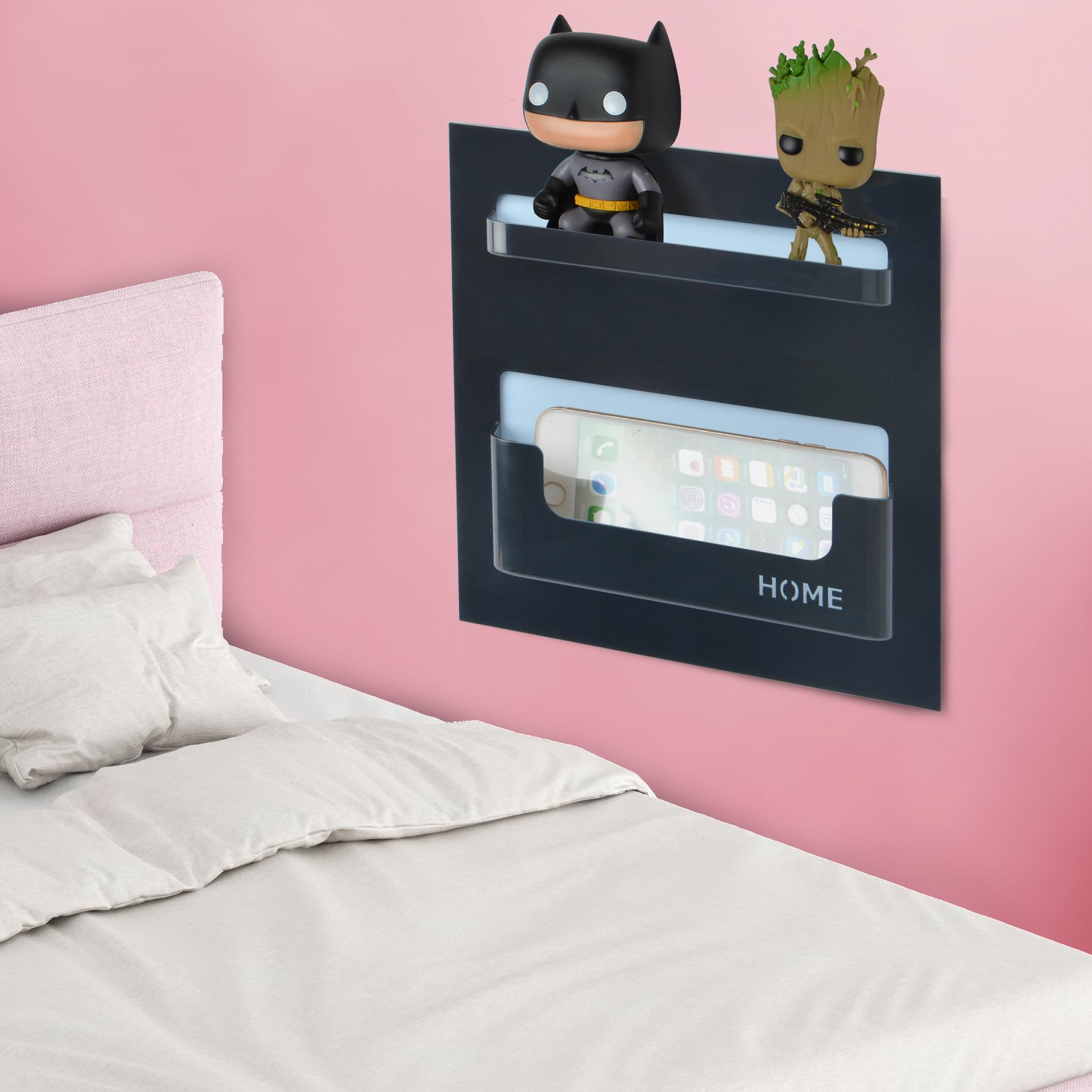 Bedside Shelf Organizer,Stick On Adhesive Wall Mounted Shelf Holder for Phone,Reading Glasses,Remote Control - Good for Home,Dorm,Bedroom,Office (Horizontal Type/Black)