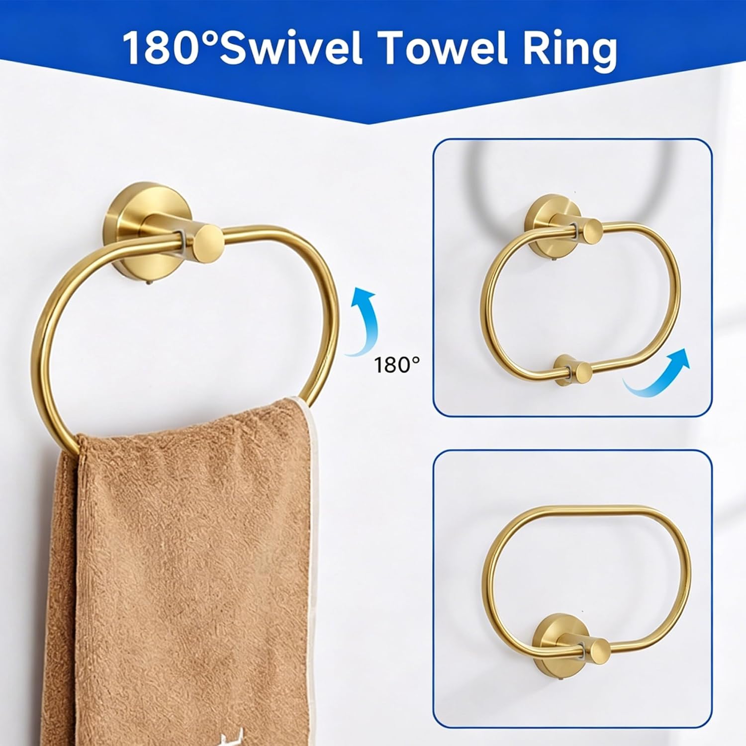 7-Piece Bathroom Hardware Accessories Set SUS304 Stainless Steel Towel Bar Set Wall Mounted 25.9-Inch Towel Rack, Towel Ring, Toilet Paper Holder with Shelf & 4 Hooks, Golden