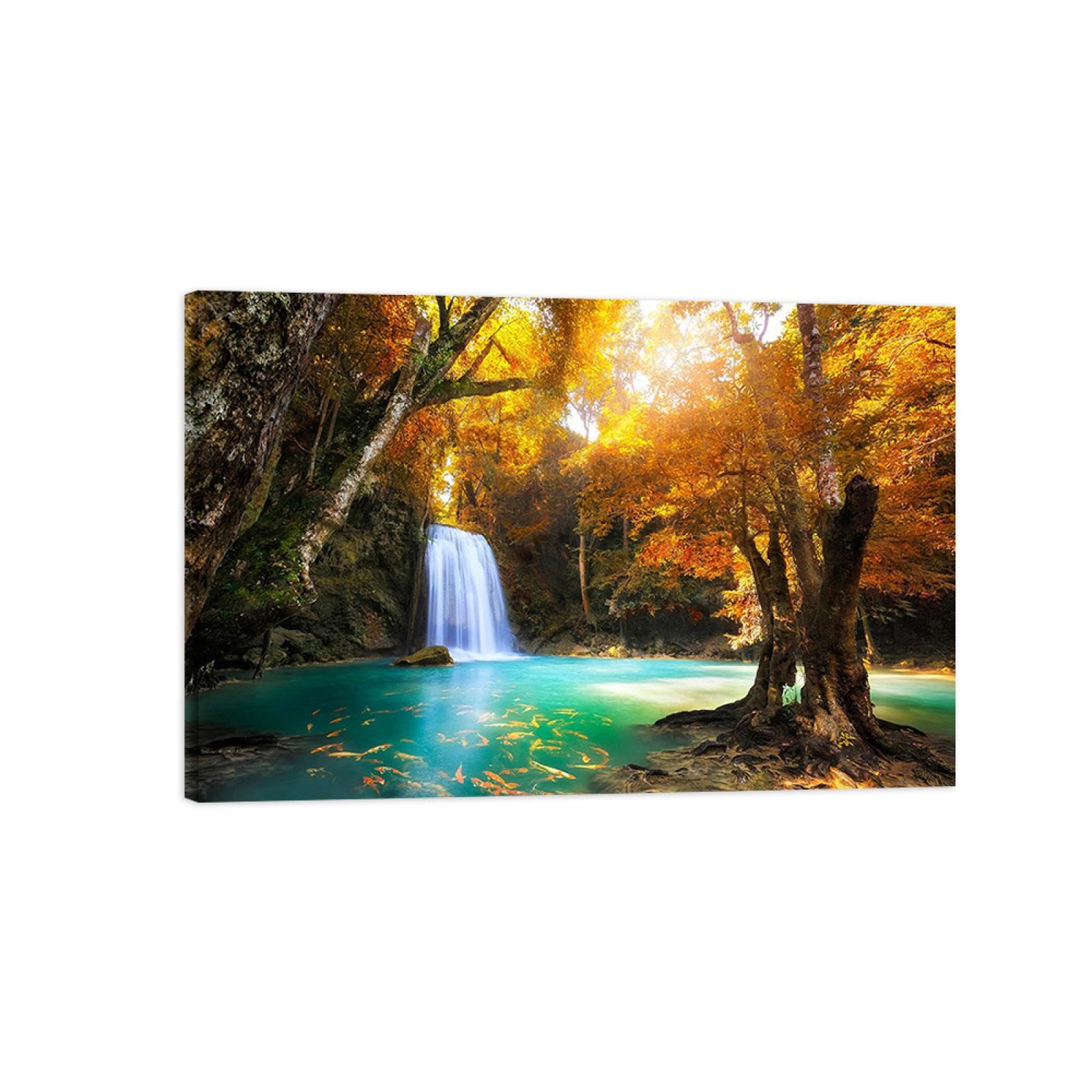 DEEBOW Landscape Canvas Wall Art Picture. Autumn Trees River. Nature Painting on Canvas. Canvas Artwork Prints. Modern Painting for Living Room Ready to Hang 40x60cm-16x24in Framed