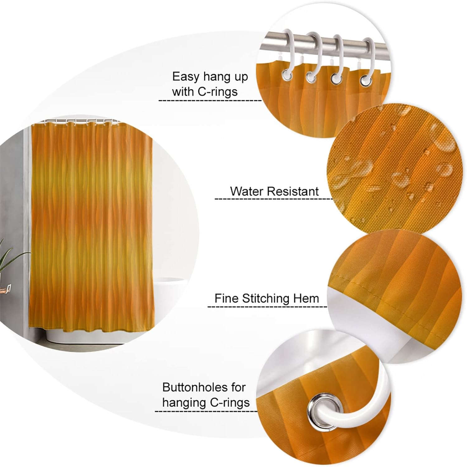 Gradient Shower Curtain for Bathroom 54" x 78", Streamline Orange Yellow Abstract Line Shower Curtain with Hooks Polyester Waterproof Home Bathtub Decor