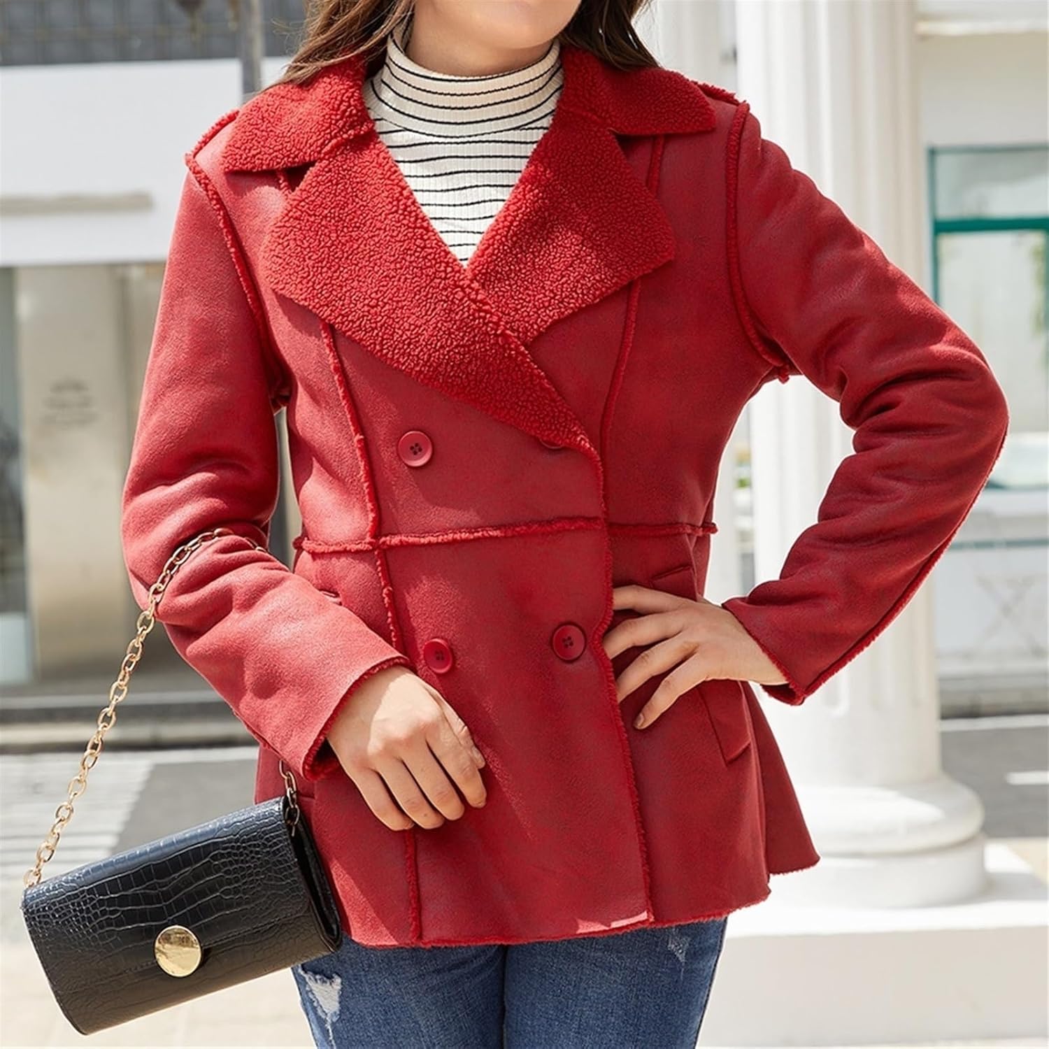 Women's Faux Shearing Moto Jacket Thick Fleece Lined Winter Coat Lapel Sherpa Motorcycle Biker Leather Jacket