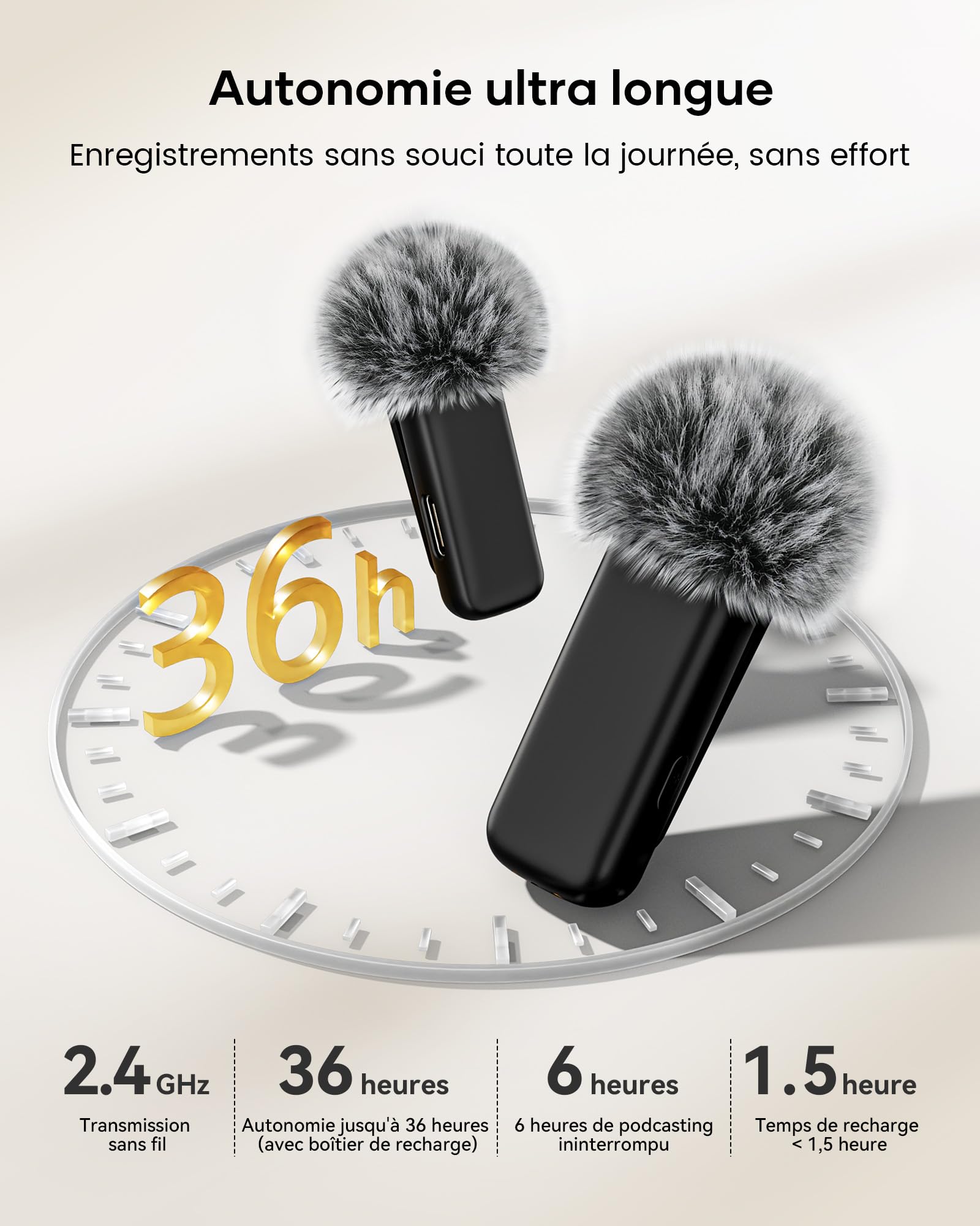 KUKIHO Microphone Lavalier sans Fil avec Chargeur, 36h Autonomie, Réduction de Bruit, Portée 40m, Plug-and-Play pour iPhone, iPad, Android, PC - Youtube, Vlog, Live-Streaming