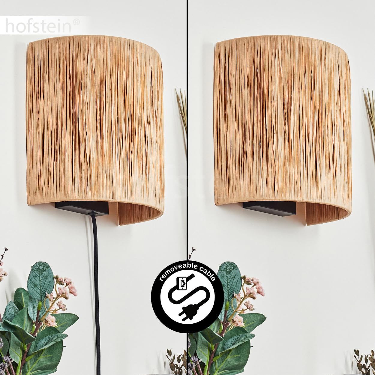 Wandleuchte Cardeal, Wandlampe aus Metall/Bast in Schwarz/Natur, Leuchte im Boho-Design, Wandleuchte mit Stecker und Schalter, abnehmbares Kabel, UP & Down Lichteffekt, 1 x E27, ohne Leuchtmittel