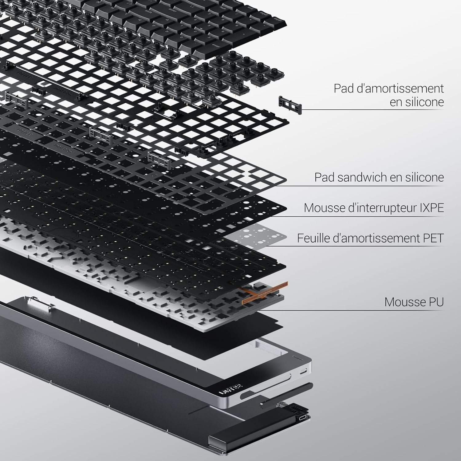Flow2 Clavier mécanique à profil bas (disposition américaine) - Alliage d'aluminium avec commutateurs tactiles pulsés - Clavier sans fil rechargeable avec 3 modes de connexion pour Windows, MacOS