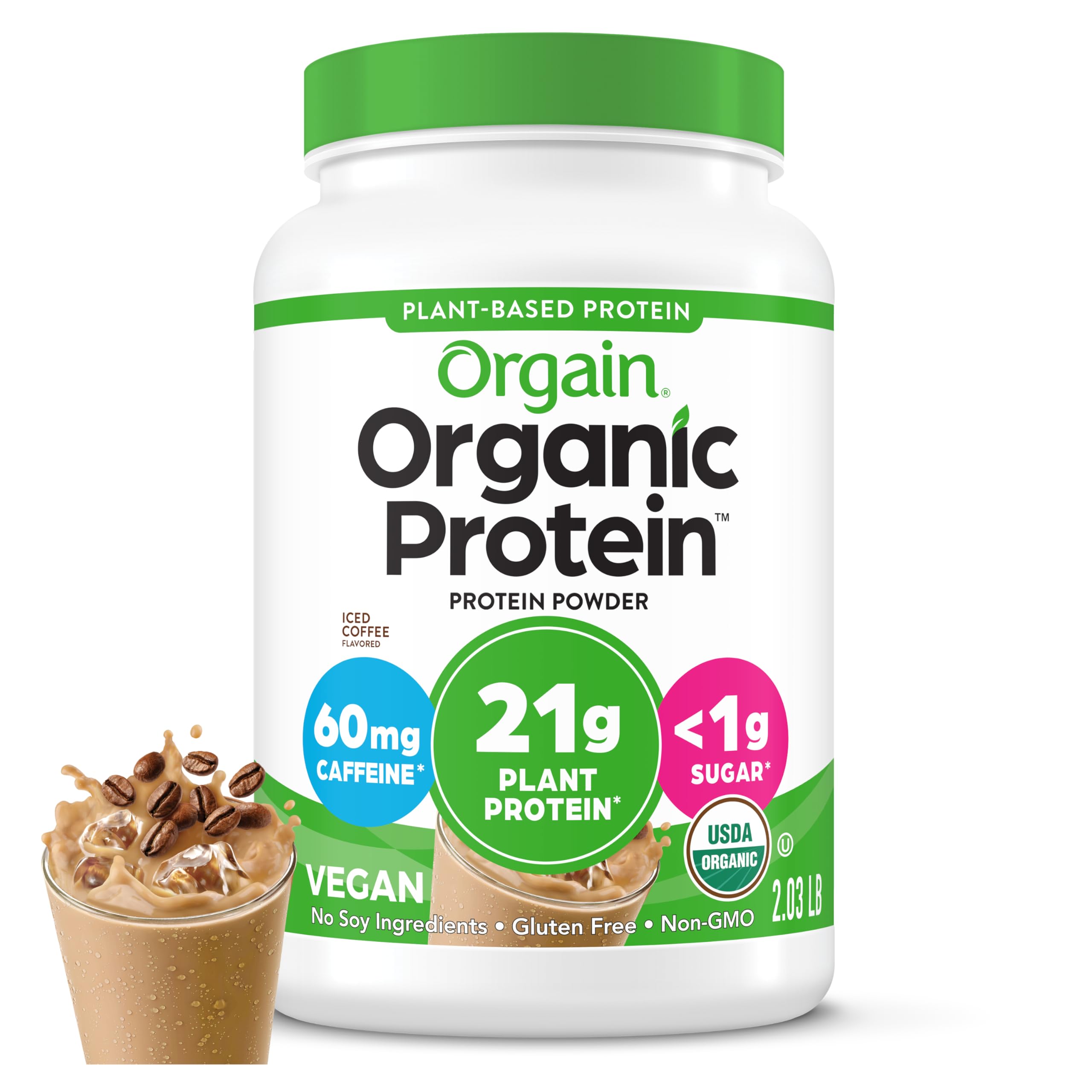 Orgain Organic Vegan Protein Powder, Iced Coffee - 21g Plant Protein, 60mg of Caffeine, Low Net Carb, No Lactose Ingredients, No Added Sugar, Non-GMO, For Shakes & Smoothies, 2.03 lb