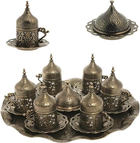 Alisveristime Juego de 6 tazas de café turco expreso con platillo, tapa, diseño tradicional de tulipán otomano (varias variaciones de color) (verde