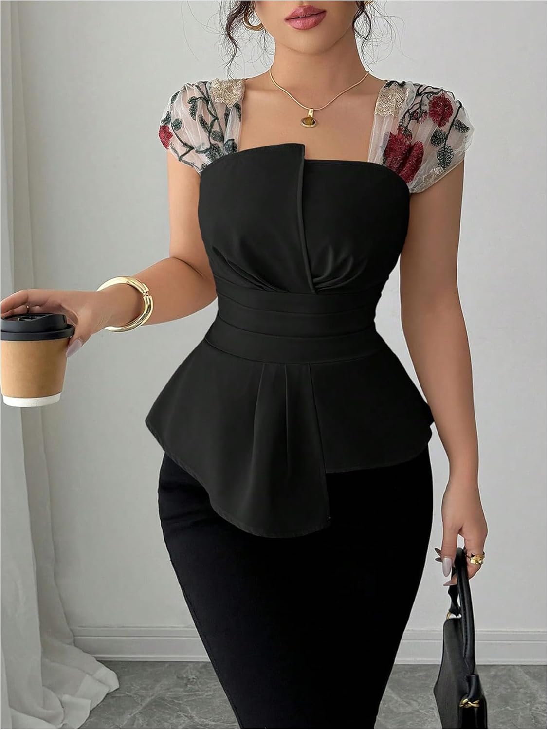 WDIRARA Women's Floral Mesh Asymmetrical Blouses Cap Sleeve Square Neck Ruched Top - Image 5