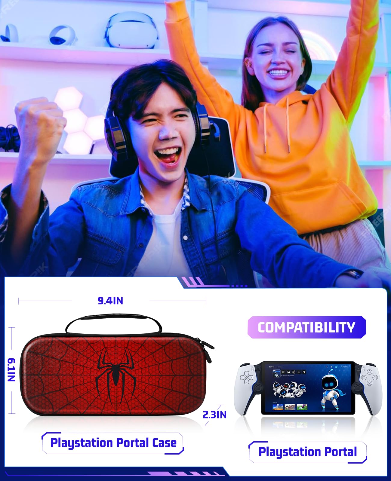 Gurgitat Funda de transporte de viaje para Playstation Portal Remote Player Fundas protectoras rígidas Cool Spider Hombres Niños Gamer Consola de juegos Accesorios Protector Portátil Bolsa de