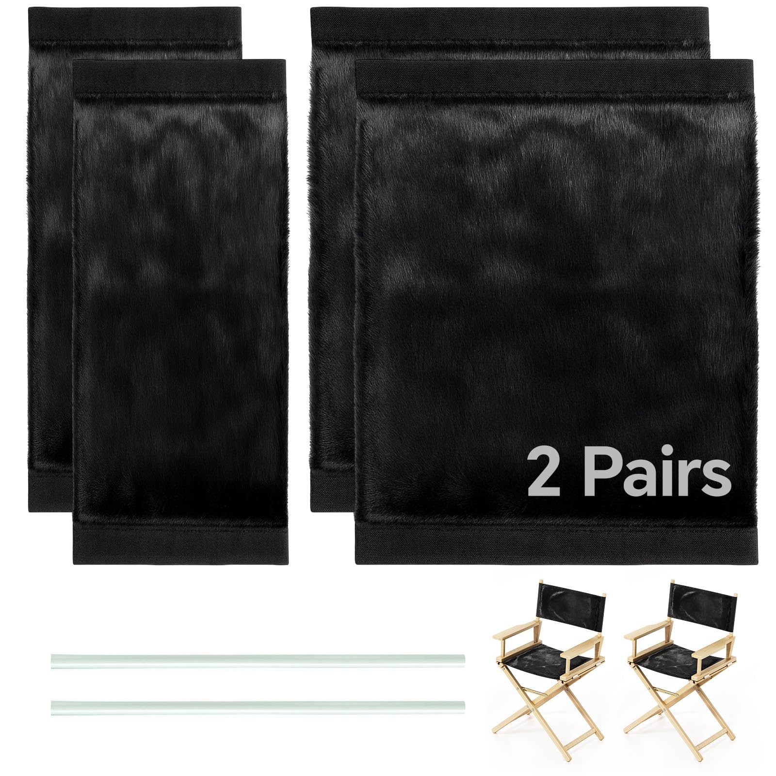 2 Sets Black Fur Fluffy Director Chair Replacement Covers for Director Actor Studio Artist Movie Chairs Foldable, Makeup Chairs Seat and Back Covers Fuzzy Warm in Winter Outside, Dual-sided Canvas Fur
