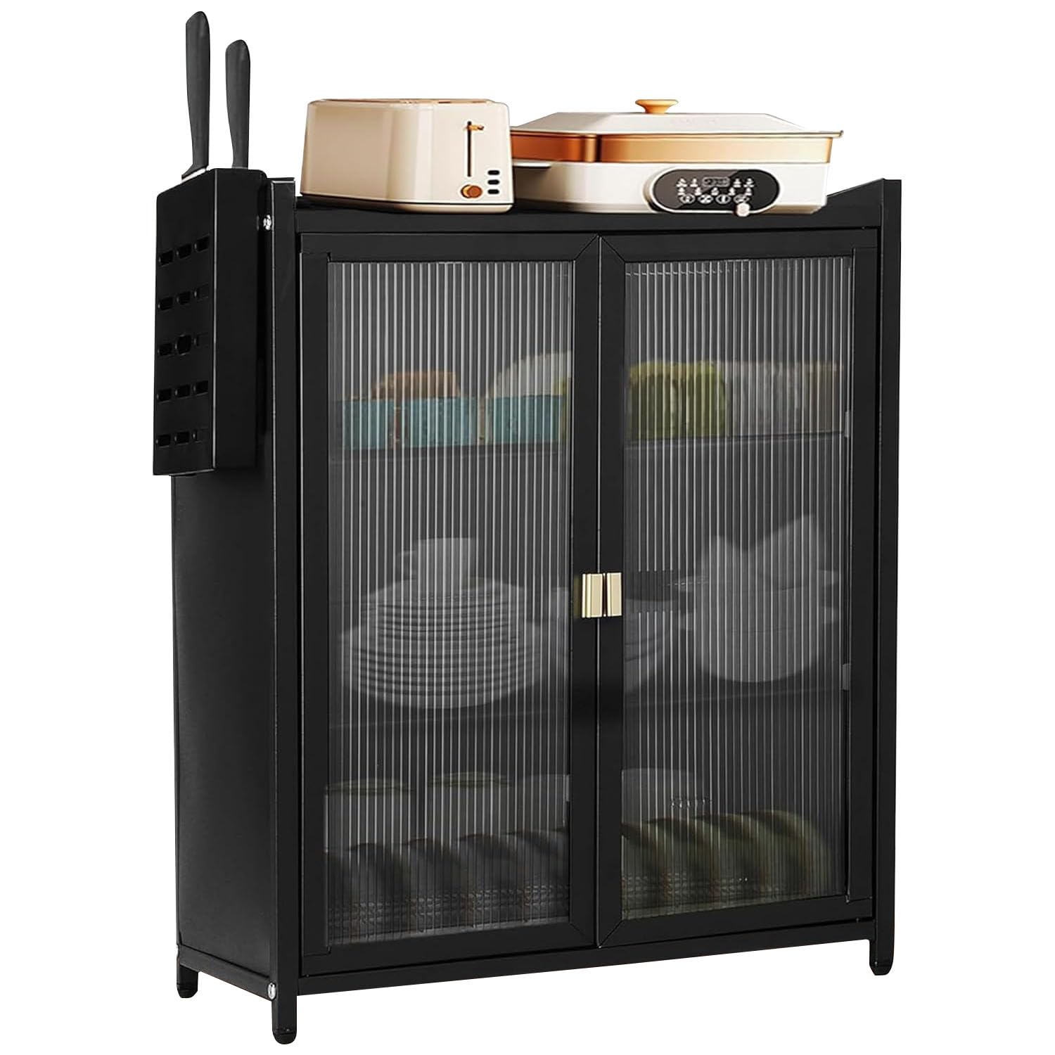 Bentifar Kitchen Pantry Sideboard, Freestanding 3-Tier Countertop Storage Cabinet, Dust-Proof Cabinet for Dish, Bowl, Bottles, Console Dining Cupboard(Black)