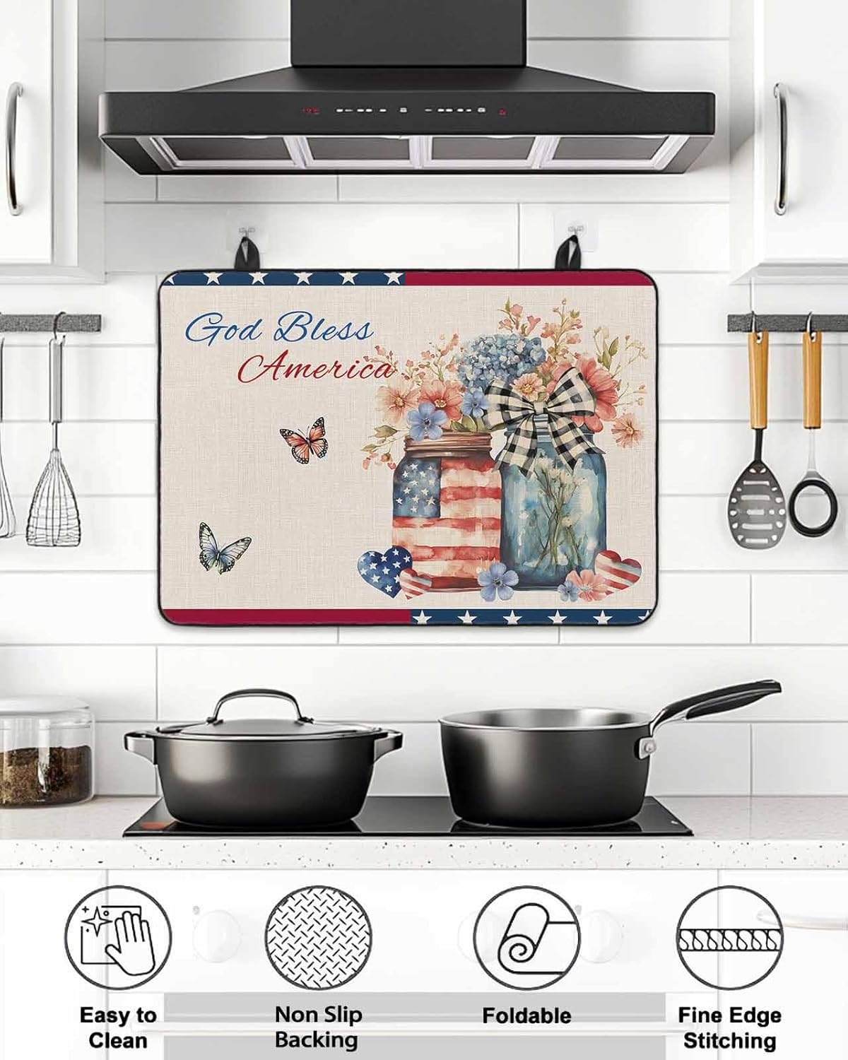 4th of July Stove Top Cover God Bless America Stove Cover for Electric Stove Top Floral Vase Love Linen Glass Cooktop Covers Anti-Slip Mat Heat Resistant Countertop Protector 28.5"x20.5"
