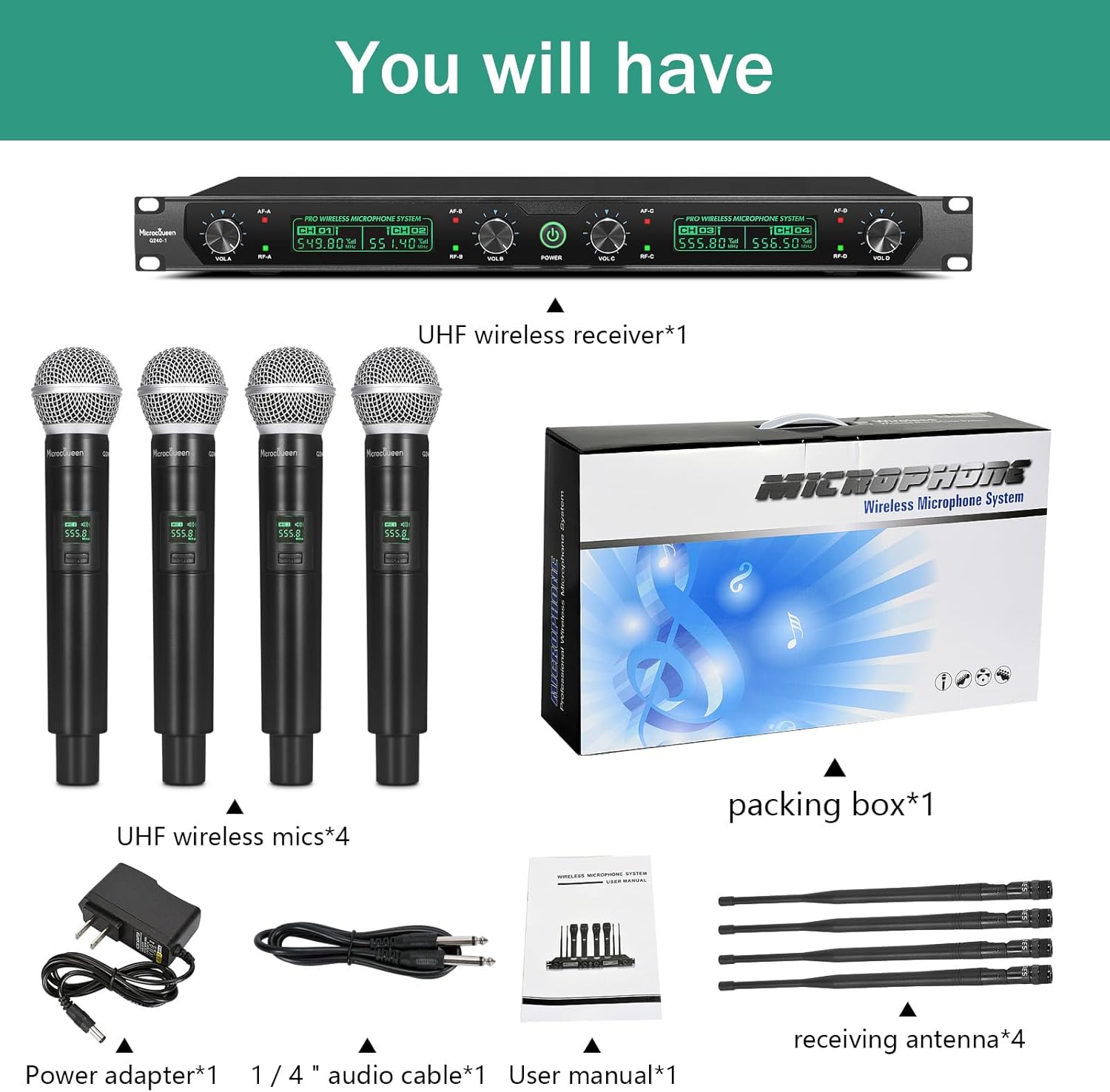 Wireless Microphone System, 4-Channel UHF Professional Mic, Automatically Pair Metal Cordless Mic with 4 Metal Handheld Microphones, 400ft Range, for Singing, Karaoke, Party - Image 9