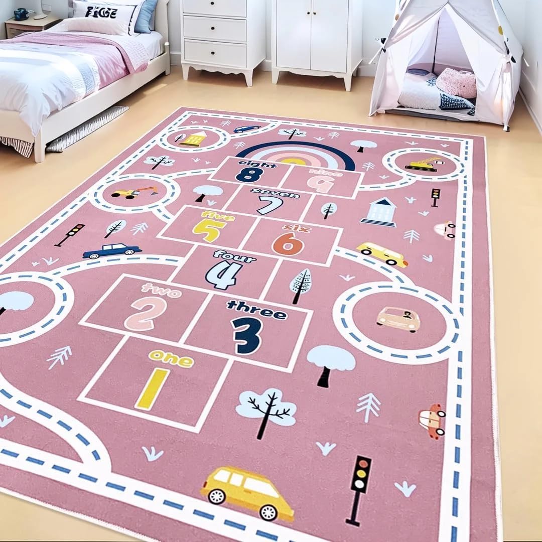 Hopscotch Car Rug 7x10Ft Pink Kids Play Mat Carpet for Kids Girls Classroom Bedroom Playroom, Car Road Map Number Educational Learning Area Rug for Children, Indoor Decor, 6.6x9.8Ft