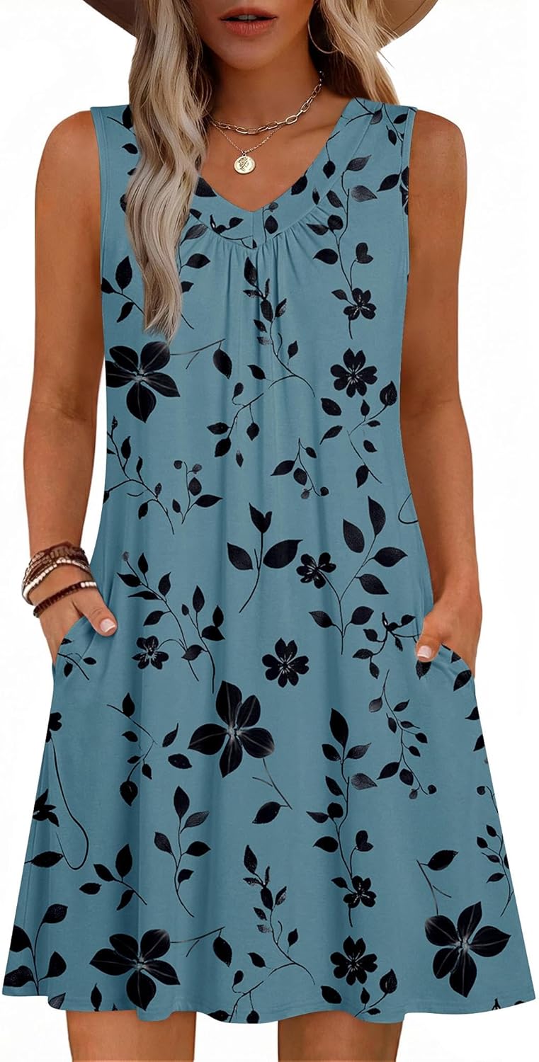 Zeagoo Summer Dresses for Women 2026 Sleeveless Dress V Neck Tank Dress Pleated Floral Tshirt Sundresses with Pockets
