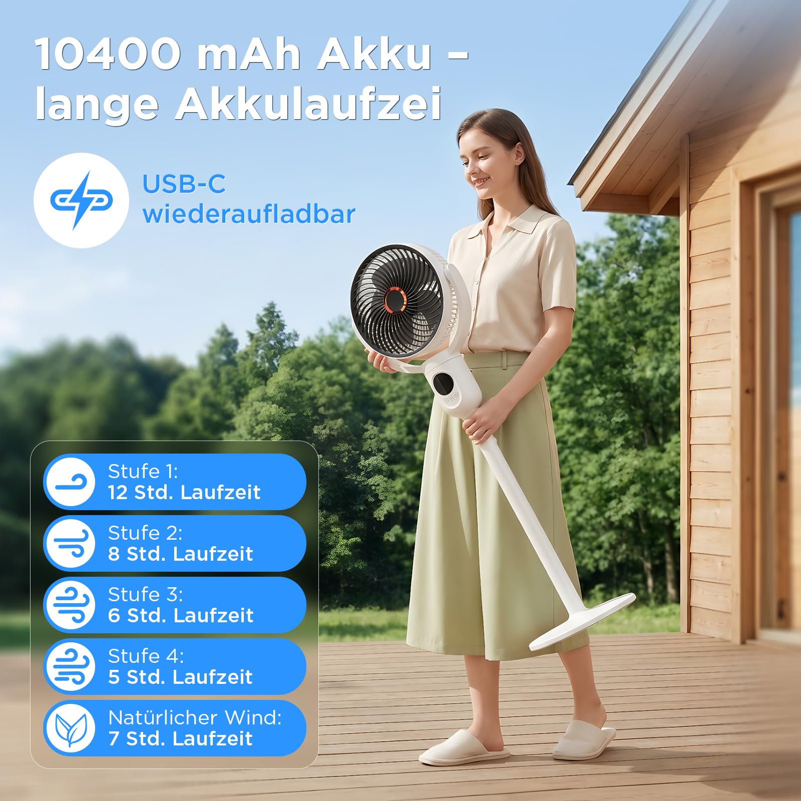 Lepwings Standventilator Leise mit Fernbedienung, 2-in-1 Akkuventilator 10400 mAh, USB-C wiederaufladbar, 90° Oszillation & 120° Neigung, Tisch- und Standventilator für Schlafzimmer, Büro & Camping