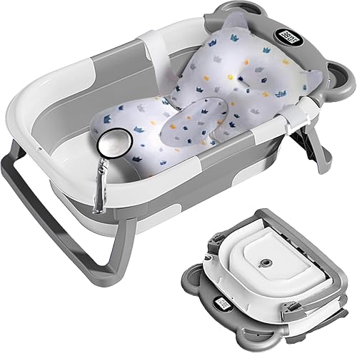 Baby Grey Bathtub Foldable,Baby Bath Essentials Baby Bathtub Newborn to Toddler Portable Travel Multifunctional Baby Bath Tub with Non-Slip Mat, Drain Hole, with Thermometer