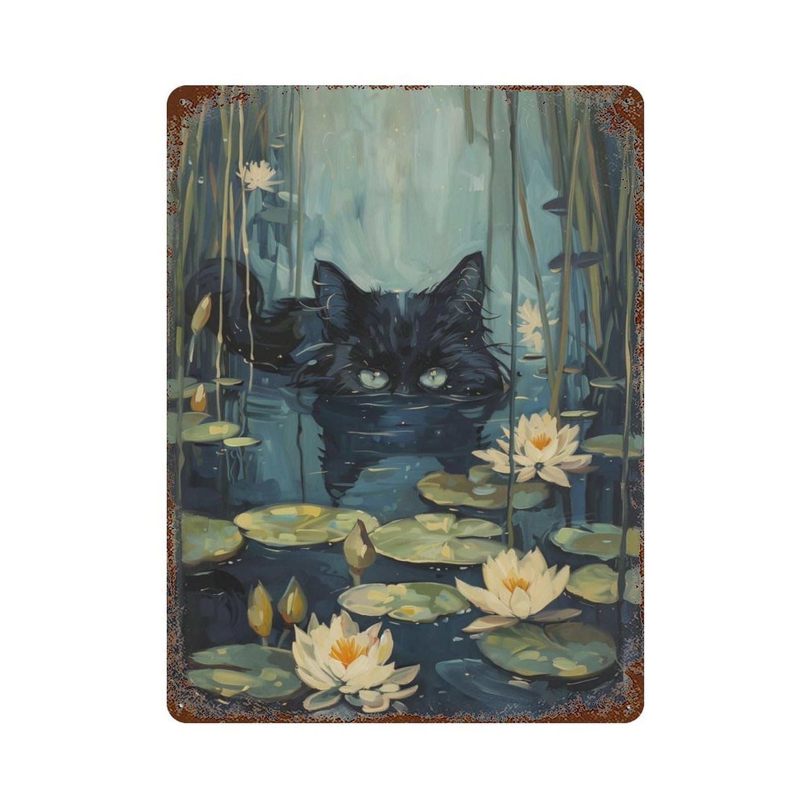 Black Cat Hiding in River Rustic Tin Plaque 15.7"x11.8", Farmhouse Wall Decor for Shed, Workshop And Garage Wall Decor