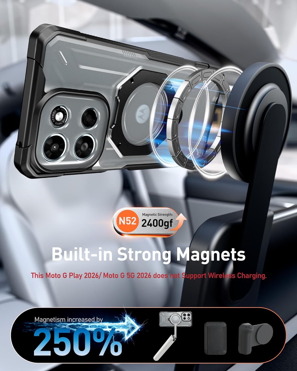 Poetic for Moto-G 2026/2025 Case: for Motorola Moto G Play 2026 5G Military Grade Drop Proof Protection Cover | 360° Rotate Magnetic Ring Kickstand | Tempered Glass Screen Protector | Black/Clear
