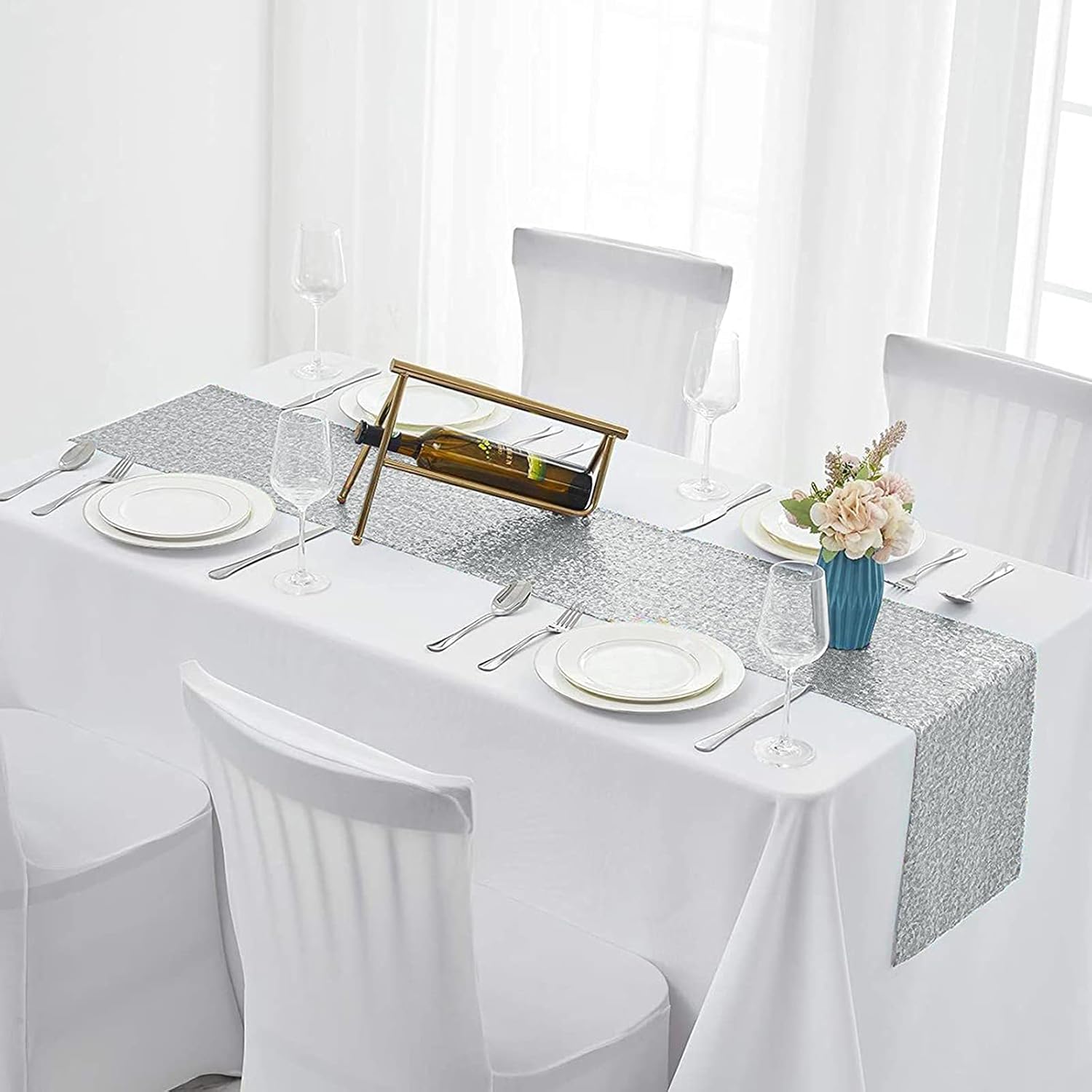 MTREO 10 Pack Sequin Table Runner 12" x 72" Silver Sequin Table Cloth for Rectangle Tables Sparkle Table Covers for Wedding Engagement Birthday Party Holiday Decorations Baby Shower Christmas : Home & Kitchen