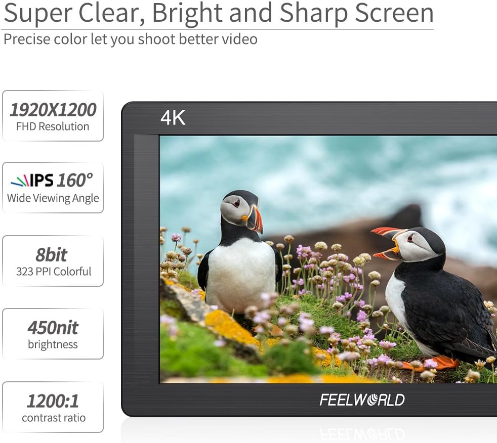 FEELWORLD FH7 monitor screen displaying colorful puffins, highlighting its 1920x1200 FHD resolution, IPS 160 degree wide viewing angle, 8bit 323 PPI, 450nit brightness, and 1200:1 contrast ratio.
