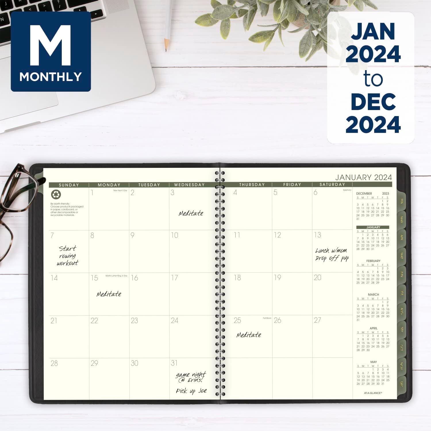 AT-A-GLANCE 2024 Weekly & Monthly Planner, Quarter-Hourly Appointment Book, 8-1/4" x 11", Large, Recycled, Black (70950G0524)