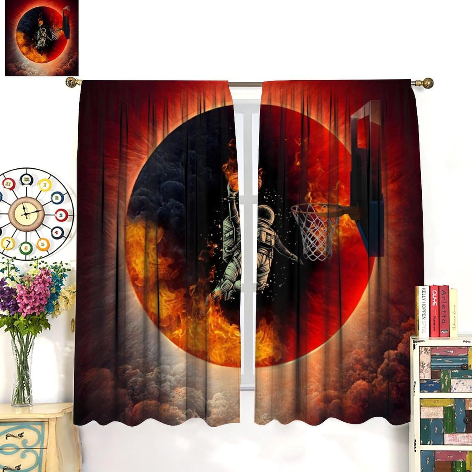 Brebasf Cool Space Astronaut Curtains - Modern Fantasy Sports Player Flame Basketball Window Curtain Room Darkening Blackout Curtains Thermal Insulated Rod Pocket Curtains 2 Panels 63"L x 21"W